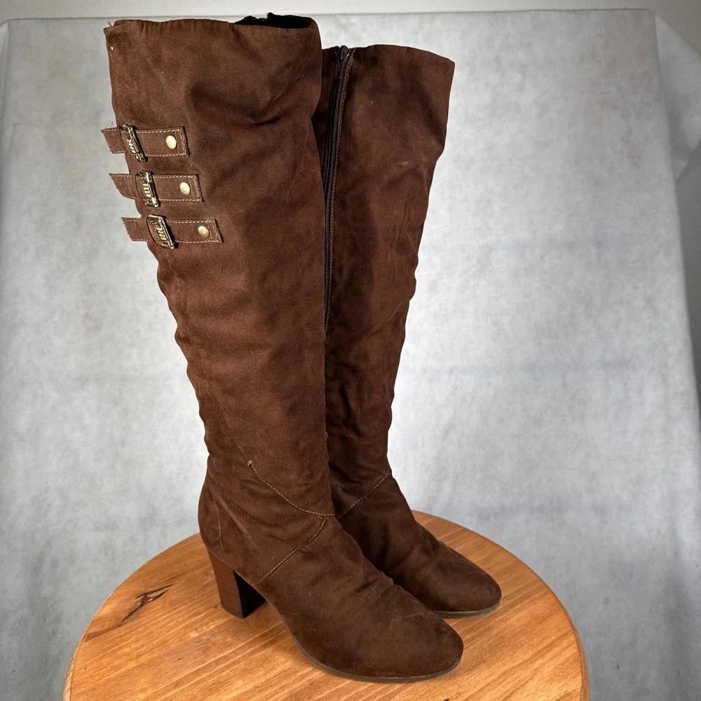 Kathy Van Zeeland Tall Boots Women 7 Brown Fair Buckle Block Heel Faux Suede